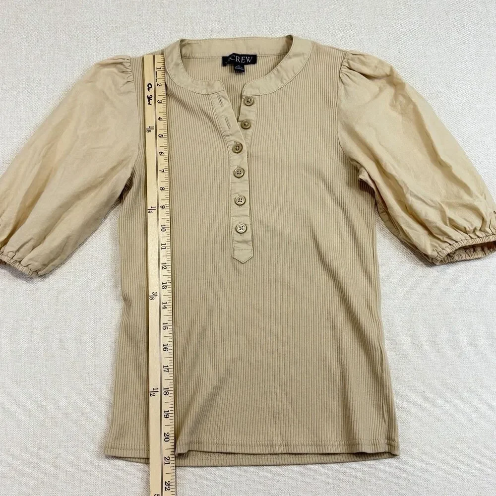 J.Crew Vintage Rib Puff Sleeve Henley Top Womens XS Tan Beige BQ896